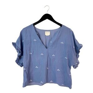 Mirth Womens Medium Cotton Ruffle Sleeve Split V-Neck Top Cornflower Blue‎ Print